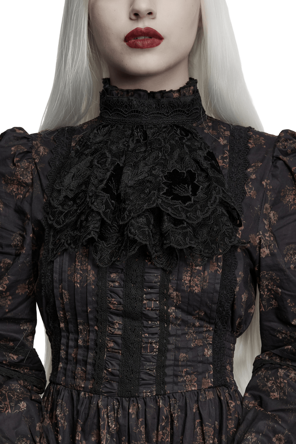 Black Gothic Lace Jabot Choker Collar with Ruffle Bib elegantly adorning a Victorian-style dress, perfect for gothic fashion.