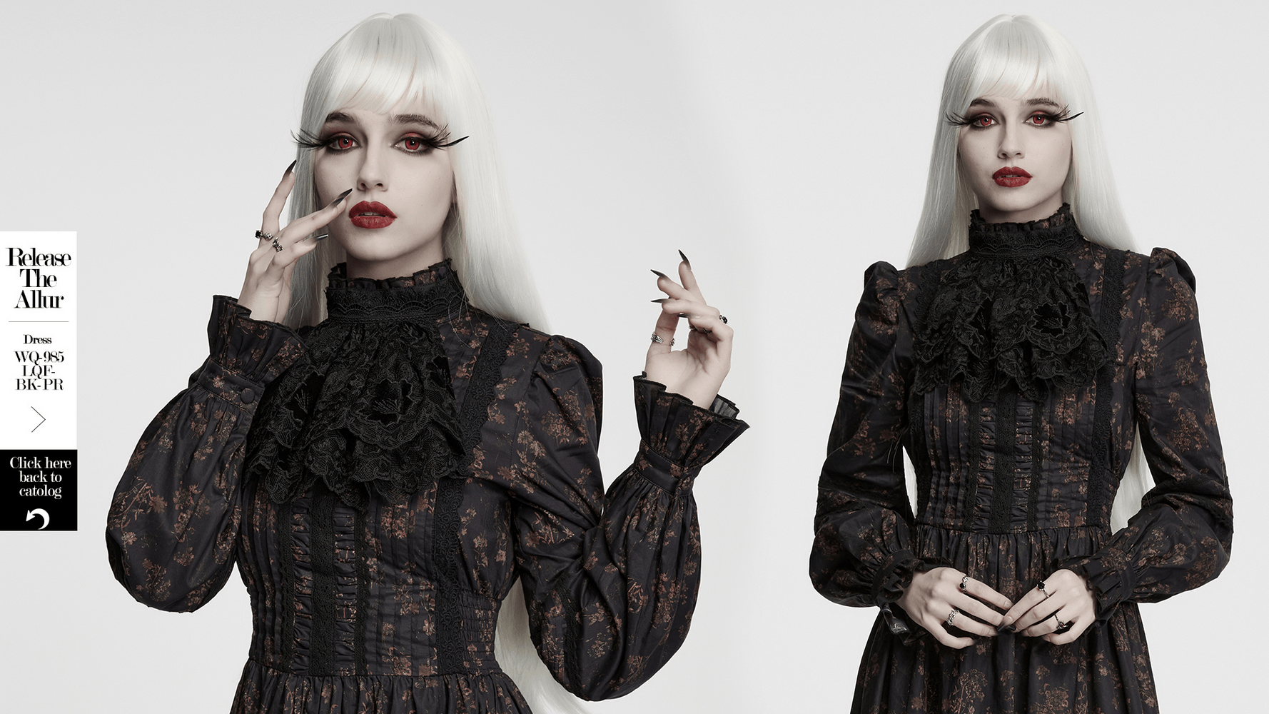 Black Gothic Lace Jabot Choker Collar with Ruffle Bib worn by model in elegant dark dress, enhancing gothic style.