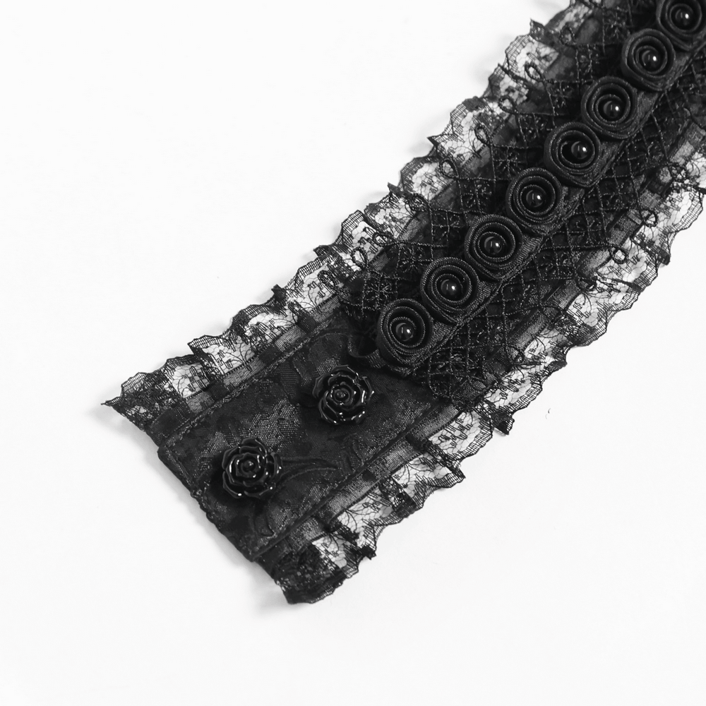 Black Gothic Lace Jabot Choker with Cross Pendant featuring ruffles and bead accents, perfect for dramatic outfits.