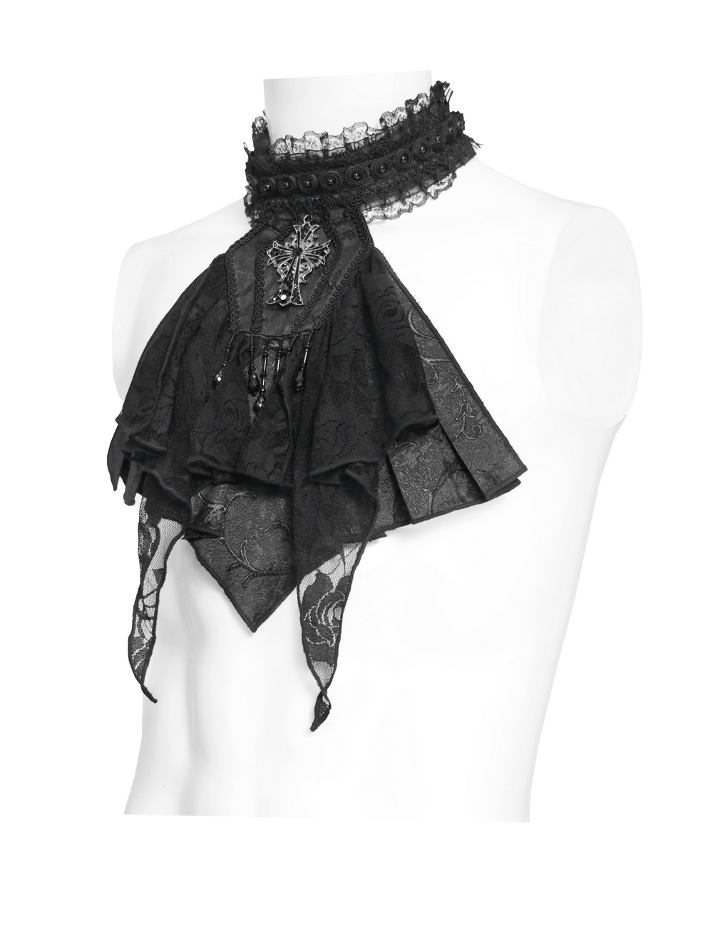 Black Gothic Lace Jabot Choker with Cross Pendant on display, featuring lace trim and layered ruffles.