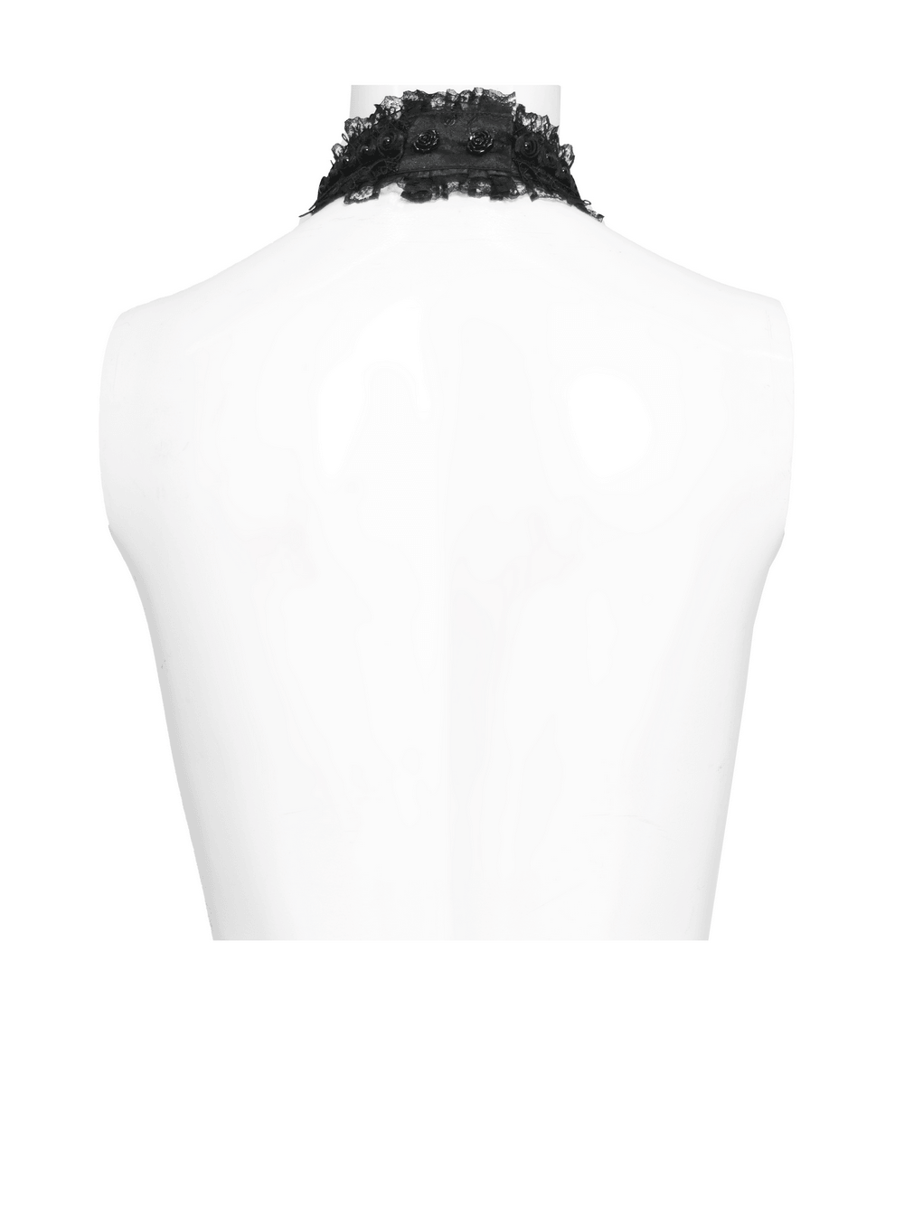 Black Gothic Lace Jabot Choker with Cross Pendant displayed on a mannequin's back, highlighting ruffles and lace details.