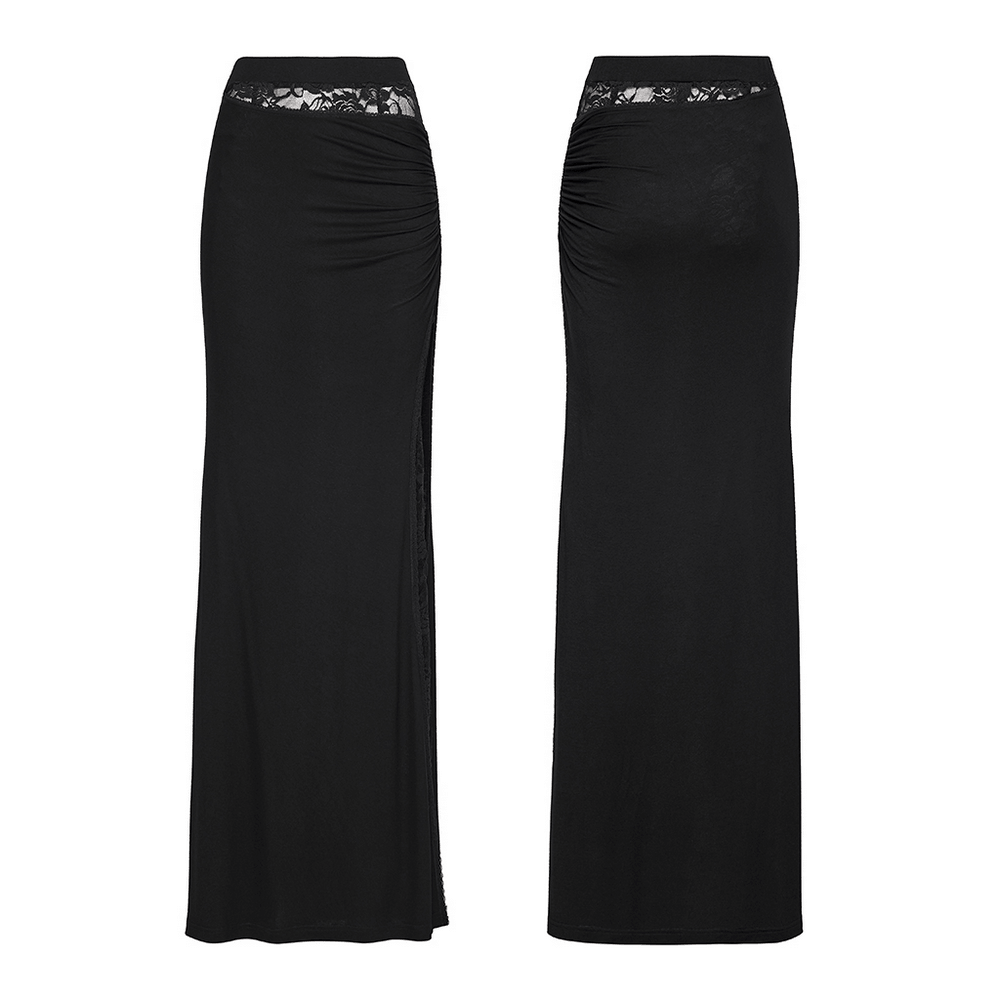 Alt Tag: Black Gothic Lace Waist Maxi Skirt with Side Slit, asymmetrical pleated black maxi skirt with sheer lace waist, front and back view