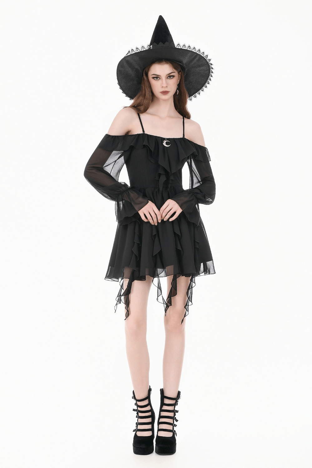 Black Gothic Off-Shoulder Dress with Ruffle Layers worn by a model with a witch hat and sheer sleeves.