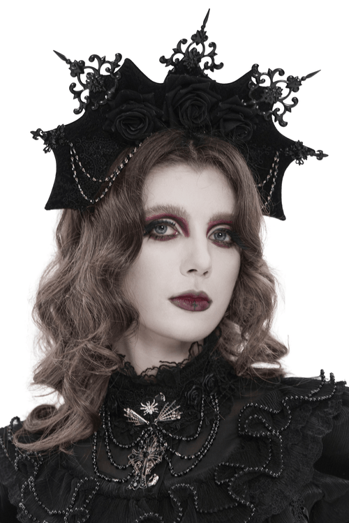 Black Gothic Rose Crown Headpiece With Lace Wings