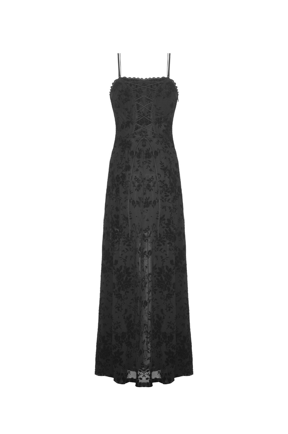 Black gothic rose lace maxi dress featuring a fitted bodice and flowing skirt, perfect for dark elegance and special occasions.