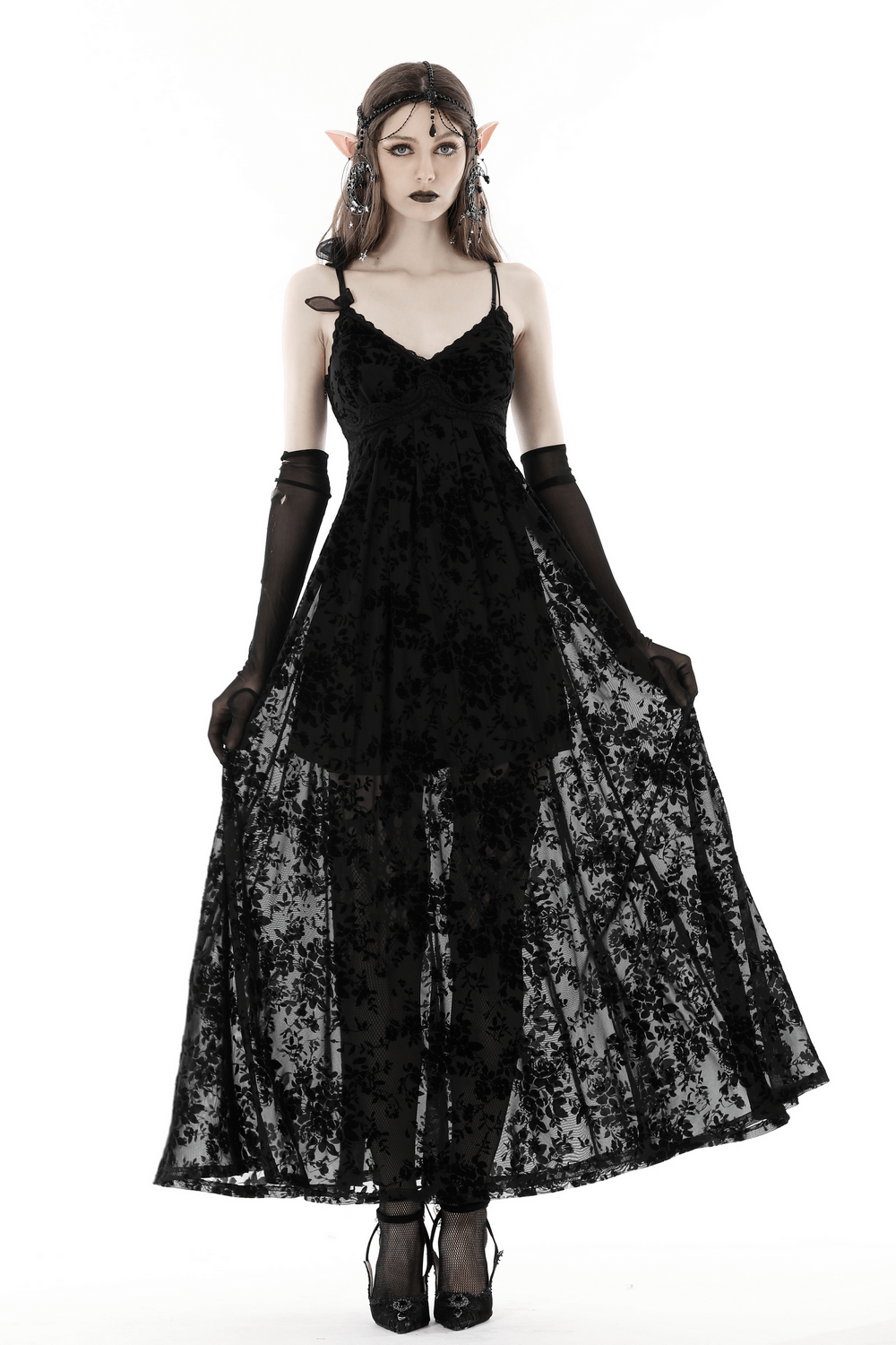 Black Gothic Rose Lace Maxi Dress, featuring sheer lace and velveteen fabric for dark elegance and a dramatic silhouette.
