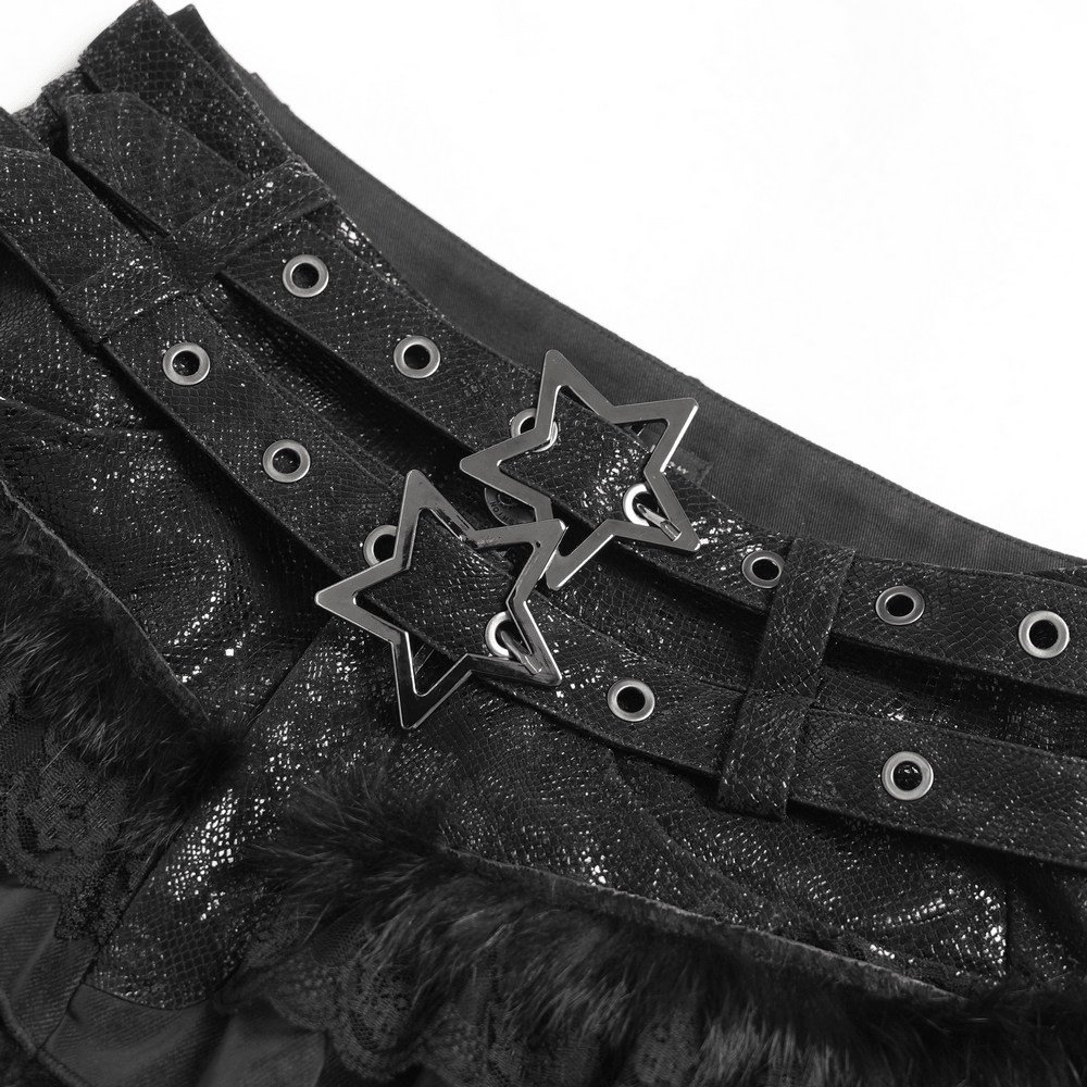 Black Gothic Ruffle Skort with Star Belt Detail featuring double-buckle belts and star hardware accents.