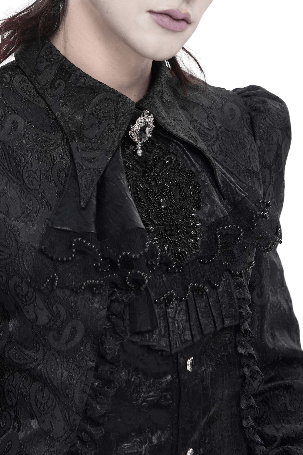 Black Gothic Victorian Jabot Collar With Brooch featuring intricate designs and a stunning brooch detail.
