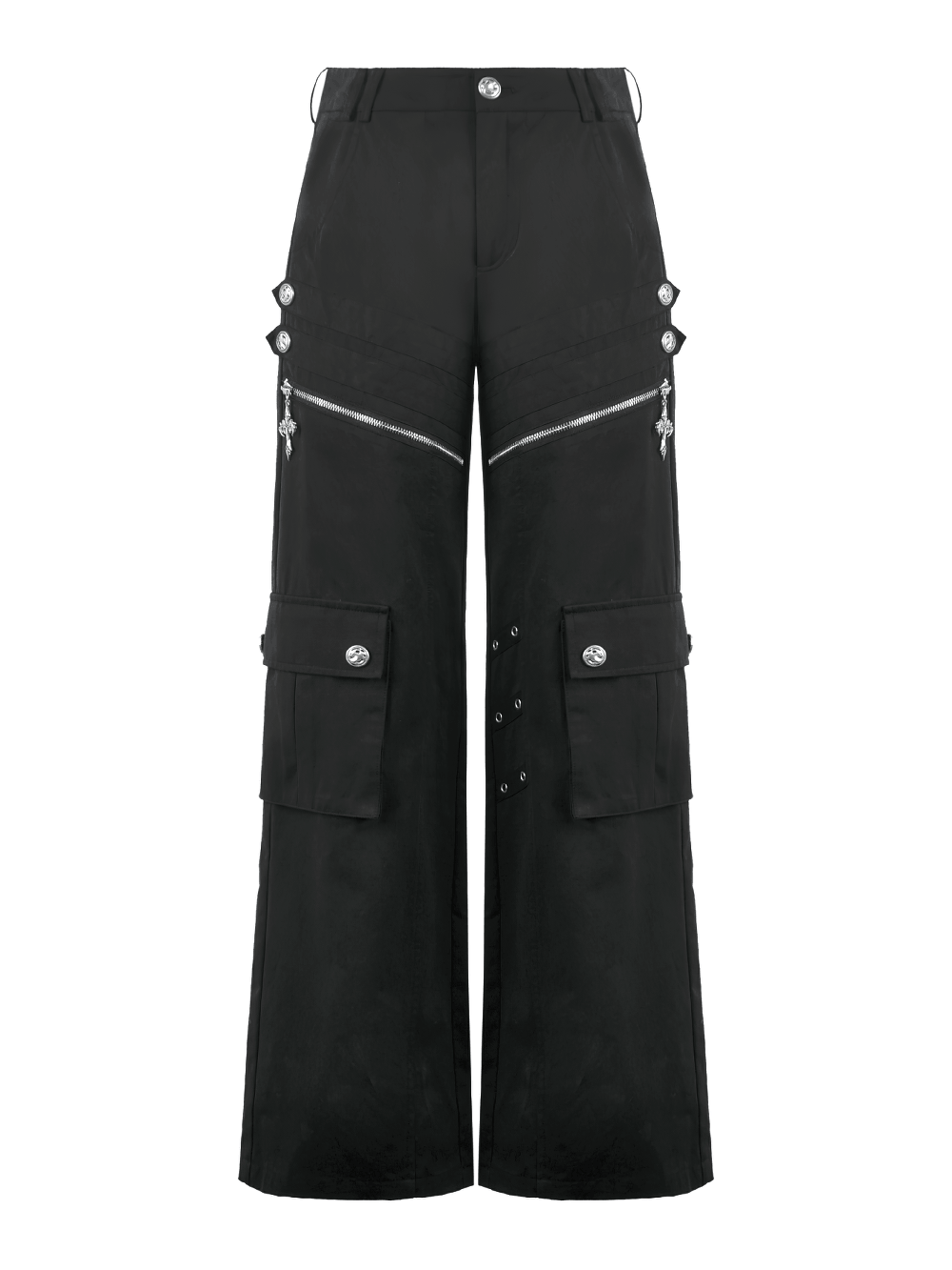 Black Gothic Wide Leg Cargo Pants With Zippers featuring diagonal zipper pockets and utility flap pockets.