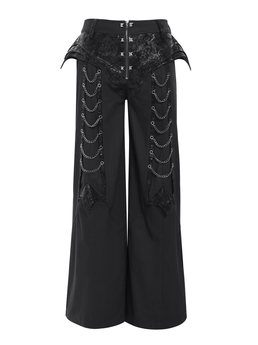 Black Gothic Wide Leg Pants with Chains and Studs featuring textured hip panels and metal chains.