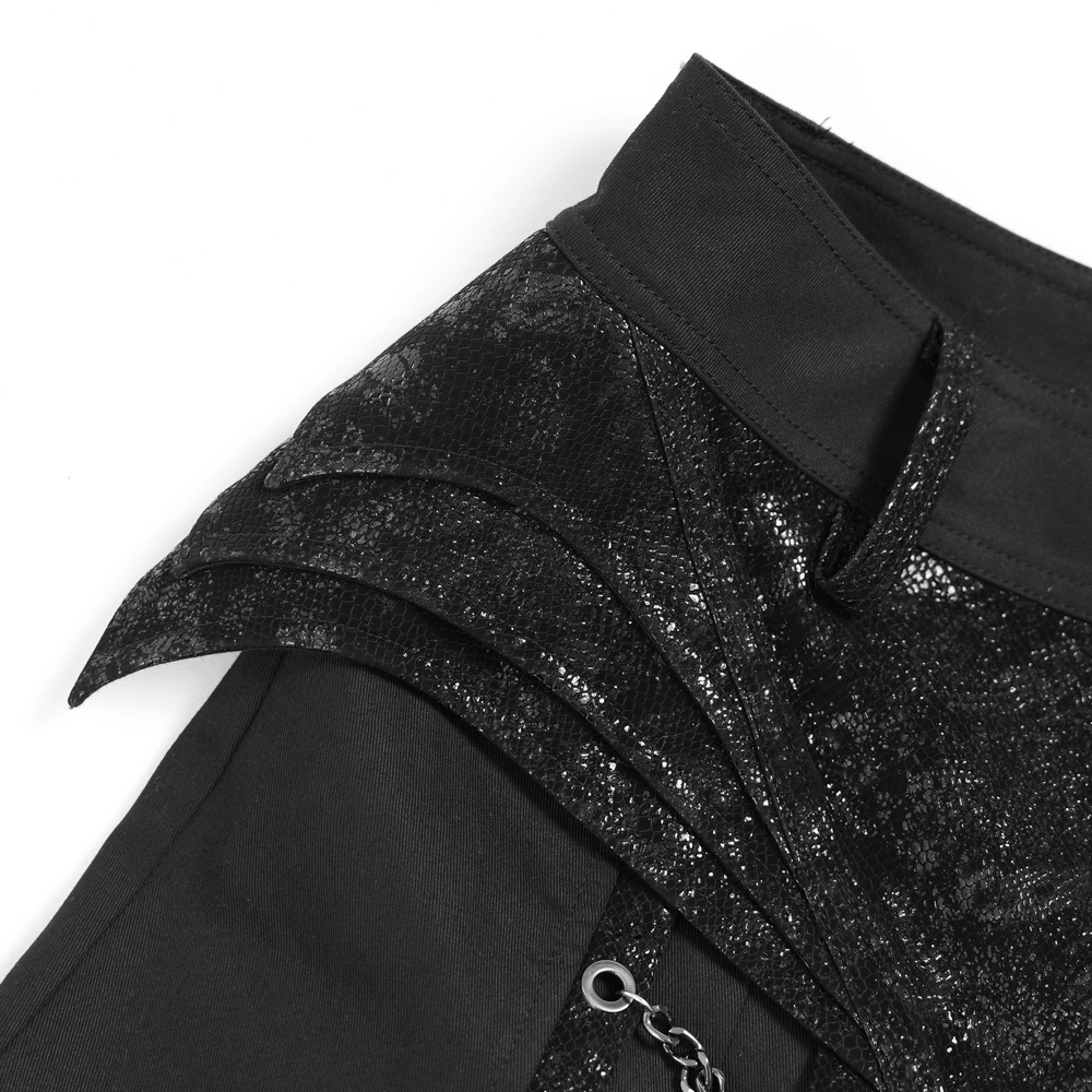 Black Gothic Wide Leg Pants with Chains and Studs showing layered textured hip panels and detailed zipper trim.