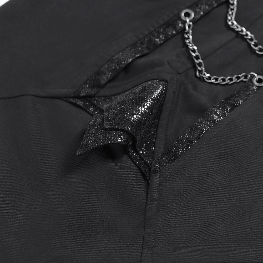 Black Gothic Wide Leg Pants with Chains and Studs close-up showcasing layered hip panels and chain details.