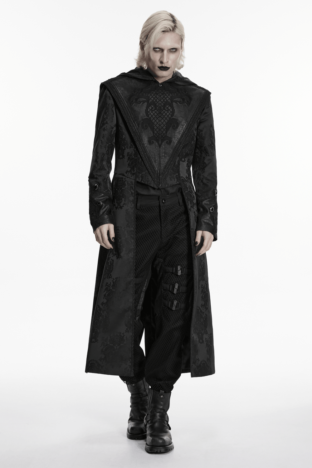 Black Hooded Gothic Jacquard Tailcoat for Men showcased on model, featuring intricate designs and dramatic hood.