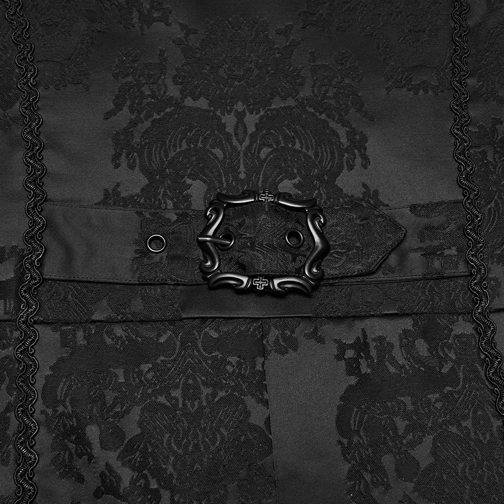 Close-up of the intricate details on the Black Hooded Gothic Jacquard Tailcoat for Men, showcasing the elegant buckle and fabric.