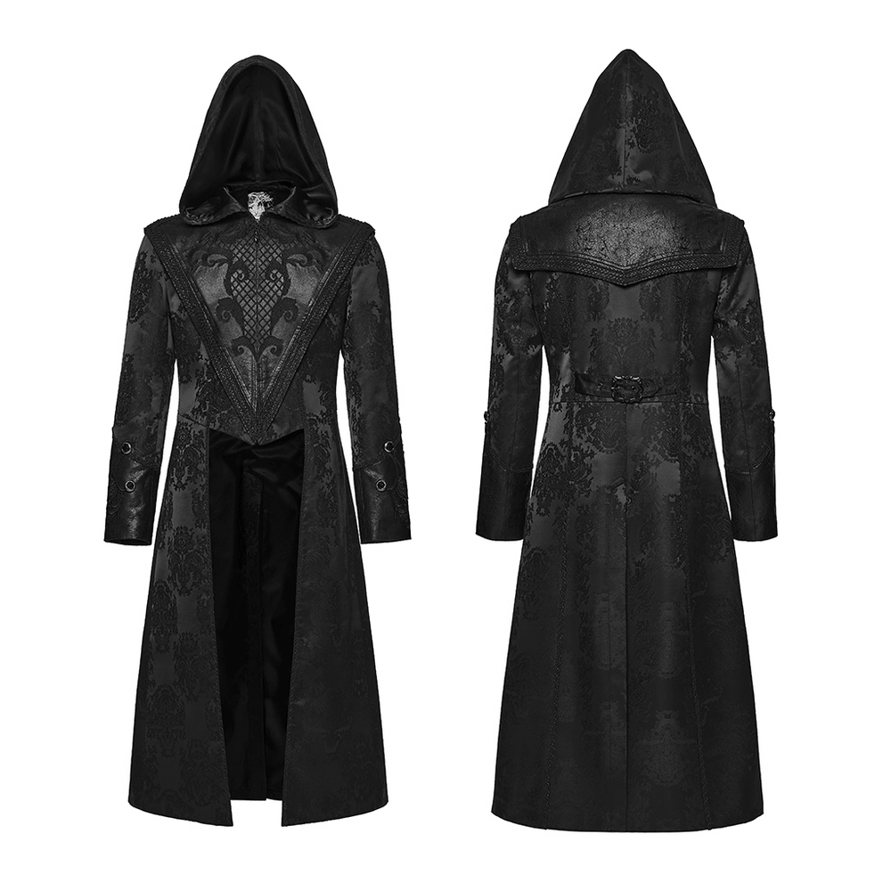 Black Hooded Gothic Jacquard Tailcoat for Men showcasing front and back views with intricate design and dramatic hood.