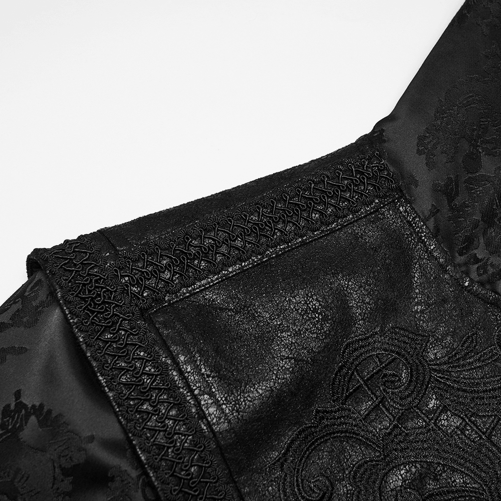 Black Hooded Gothic Jacquard Tailcoat for Men close-up of intricate jacquard and leather textures.