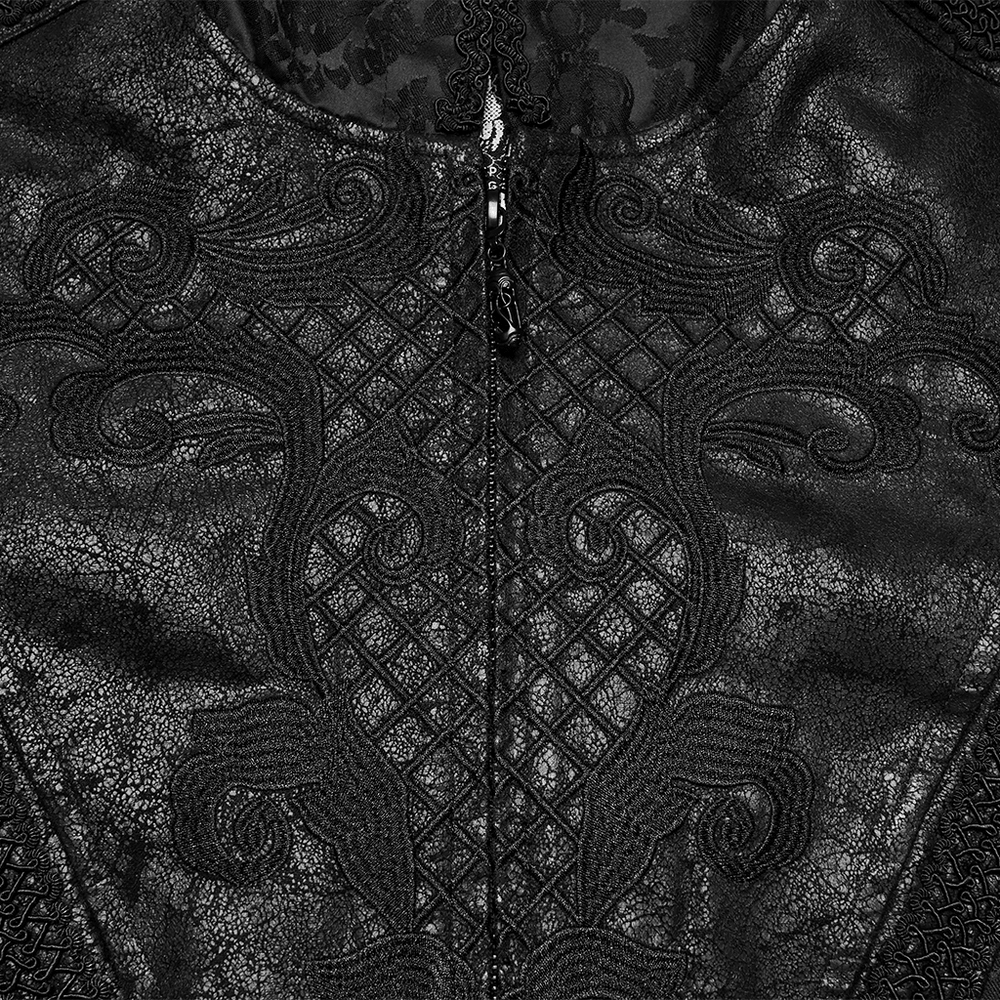 Black Hooded Gothic Jacquard Tailcoat for Men close-up of embroidered detailing and fabric textures
