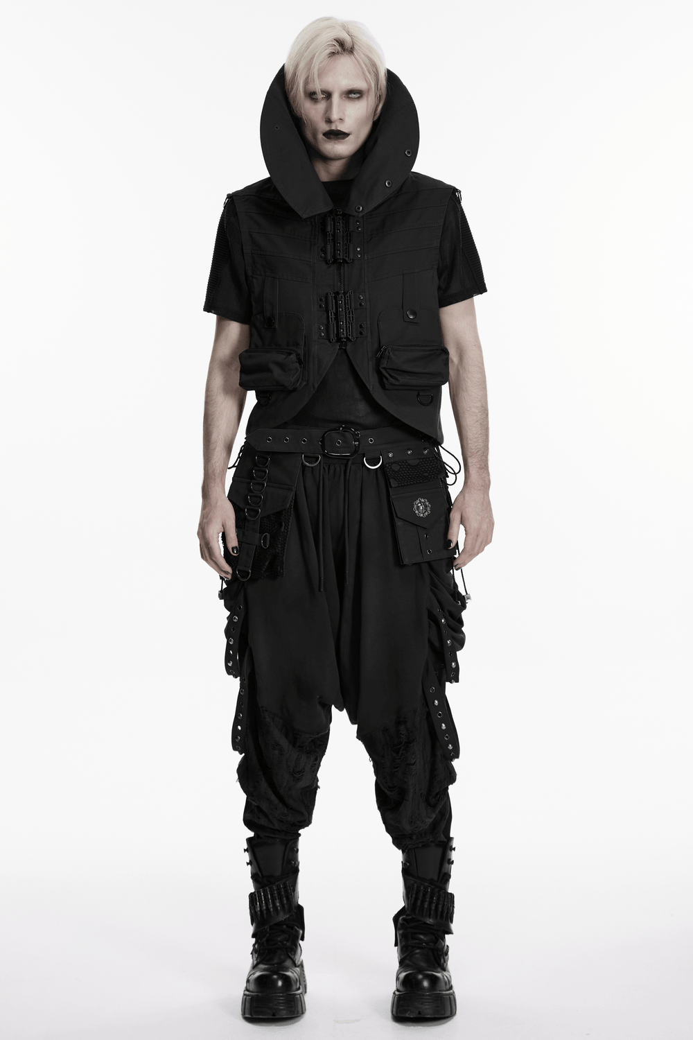 Model wearing Black Industrial Punk Utility Vest with Stand Collar, showcasing bold punk streetwear style with distressed details.