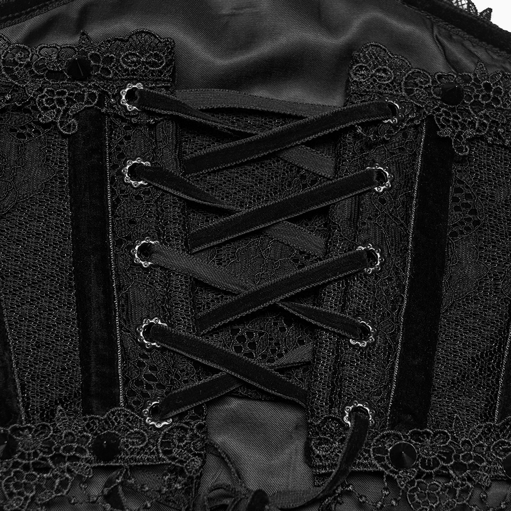 Black Lace Gothic Underbust Waist Cincher Corset detailed lace and ribbon lacing with vintage design elements for dramatic effects.