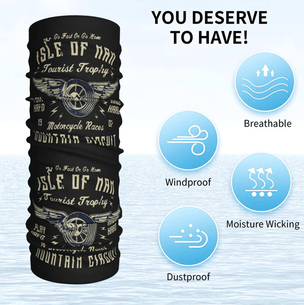 Black Motorcycle Print Neck Gaiter and Face Cover featuring Isle of Man vintage design for bikers.