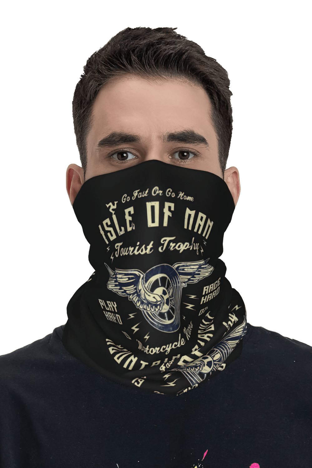 Black Motorcycle Print Neck Gaiter and Face Cover worn by a model, showcasing vintage racing graphics and winged wheel art.