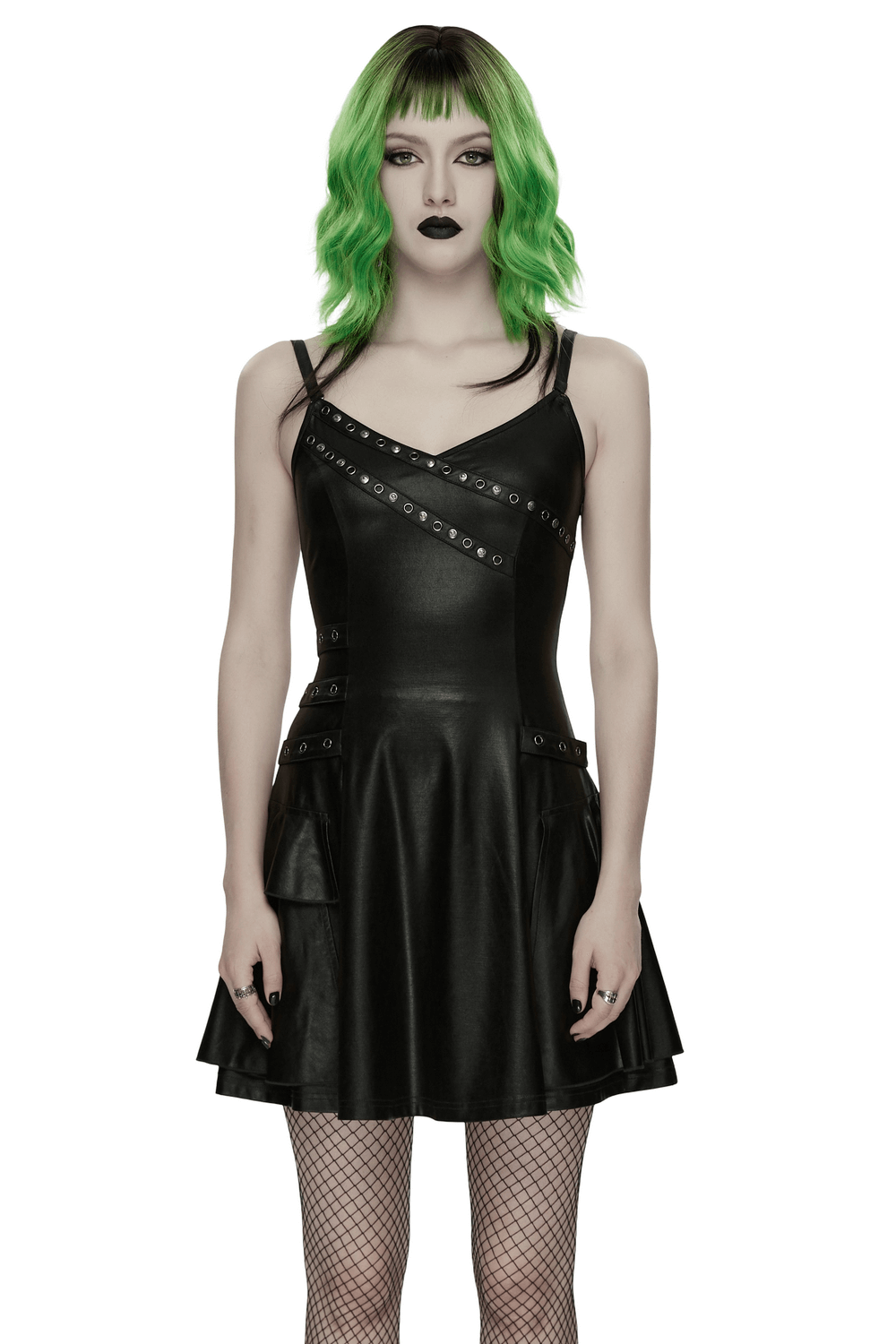Black Punk A-Line Slip Dress with Rivets and Lace-Up Back showcasing a chic model in edgy style.