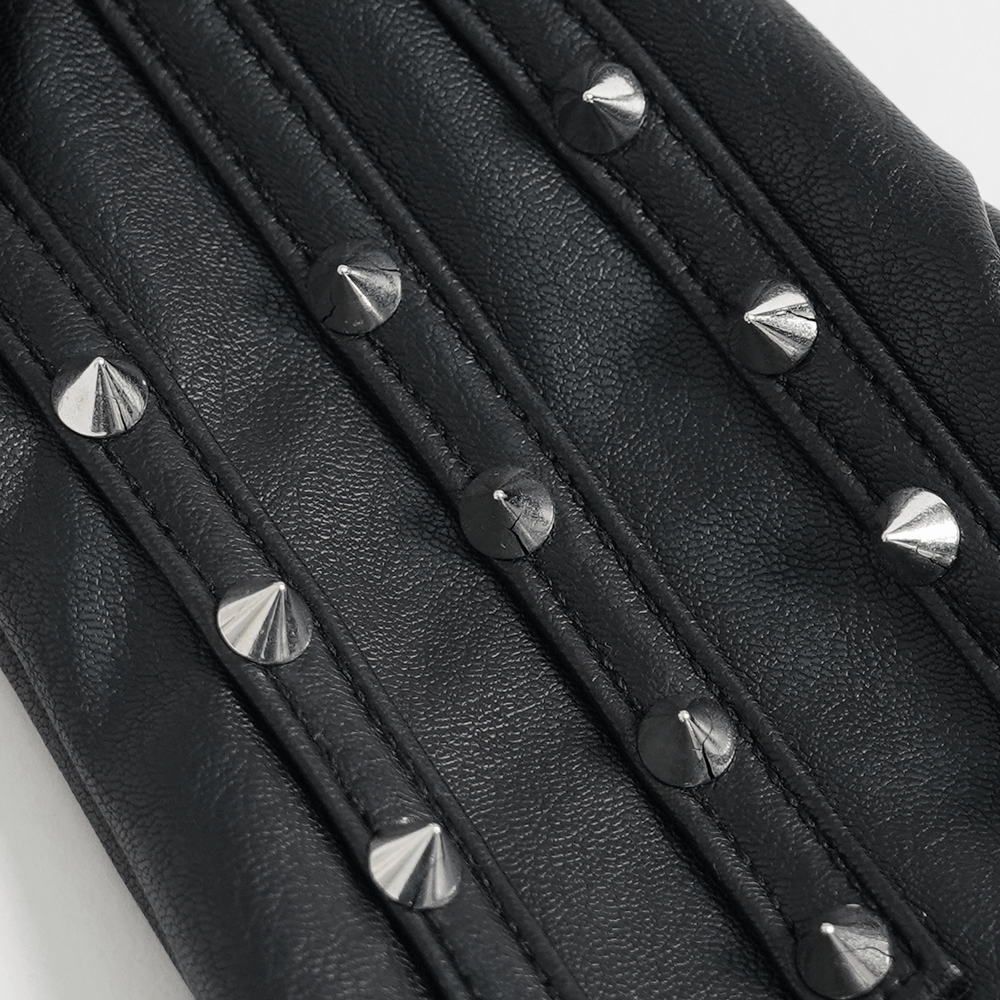 Black Punk Fingerless Gloves with Metal Studs featuring pointed metal studs and quilted paneling.