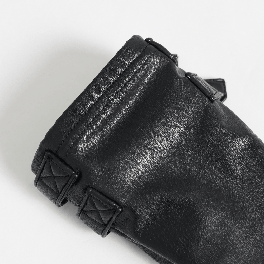 Close-up of Black Punk Fingerless Gloves with Metal Studs showcasing quilted paneling and layered snap wrist straps.