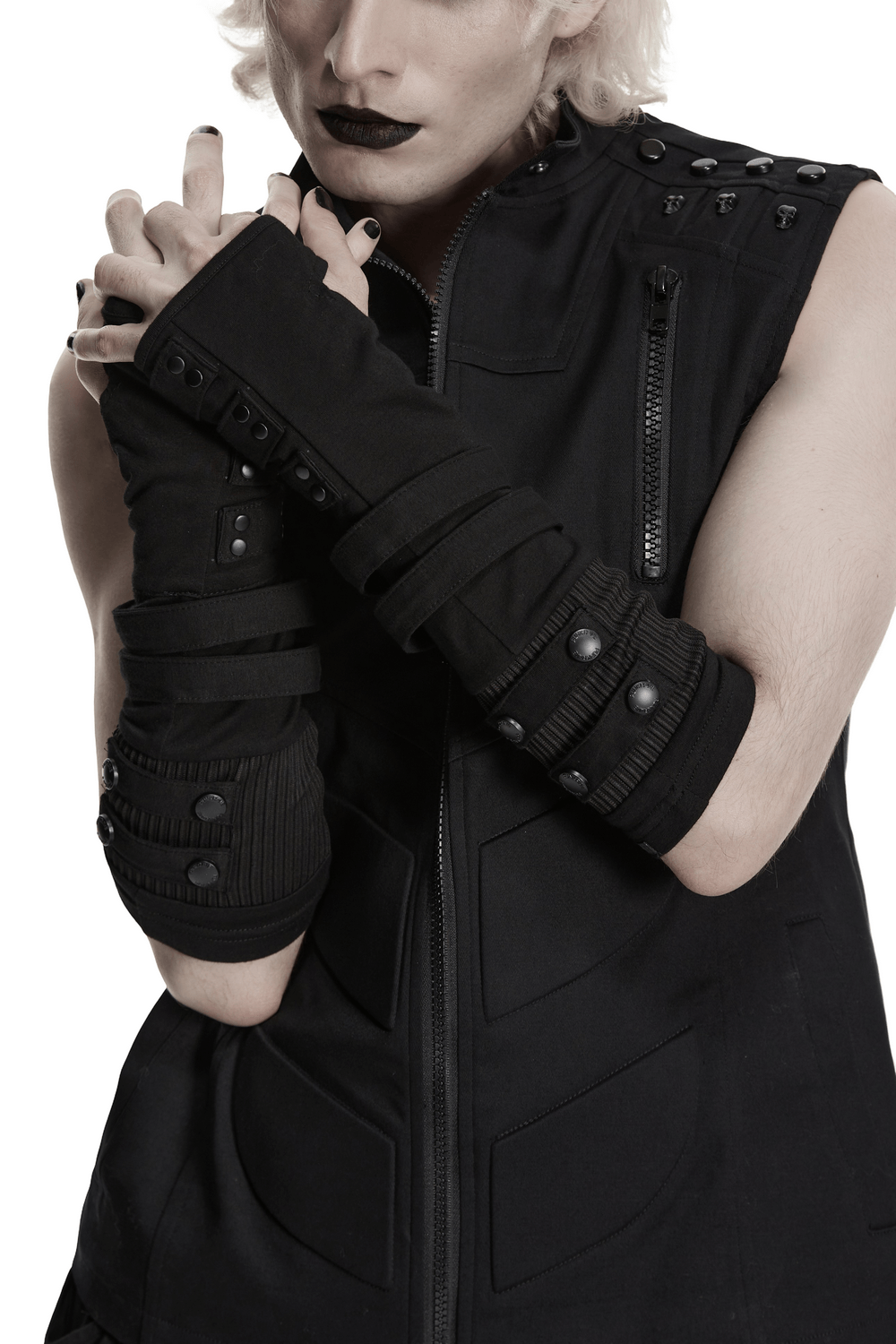 Black Punk Fingerless Gloves with Rivet Straps worn by a model in a dark vest, showcasing cyberpunk style.