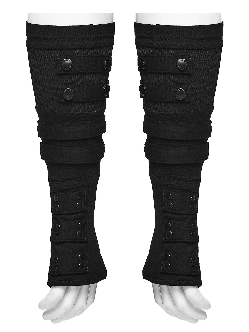 Black Punk Fingerless Gloves with Rivet Straps showcasing ribbed panels and layered snap strap details.