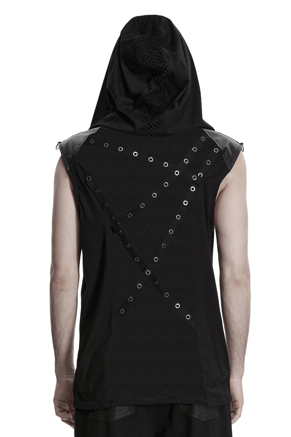Back view of Black Punk Mesh Hooded Top with Skeleton Straps featuring eyelet webbing and unique strap design.
