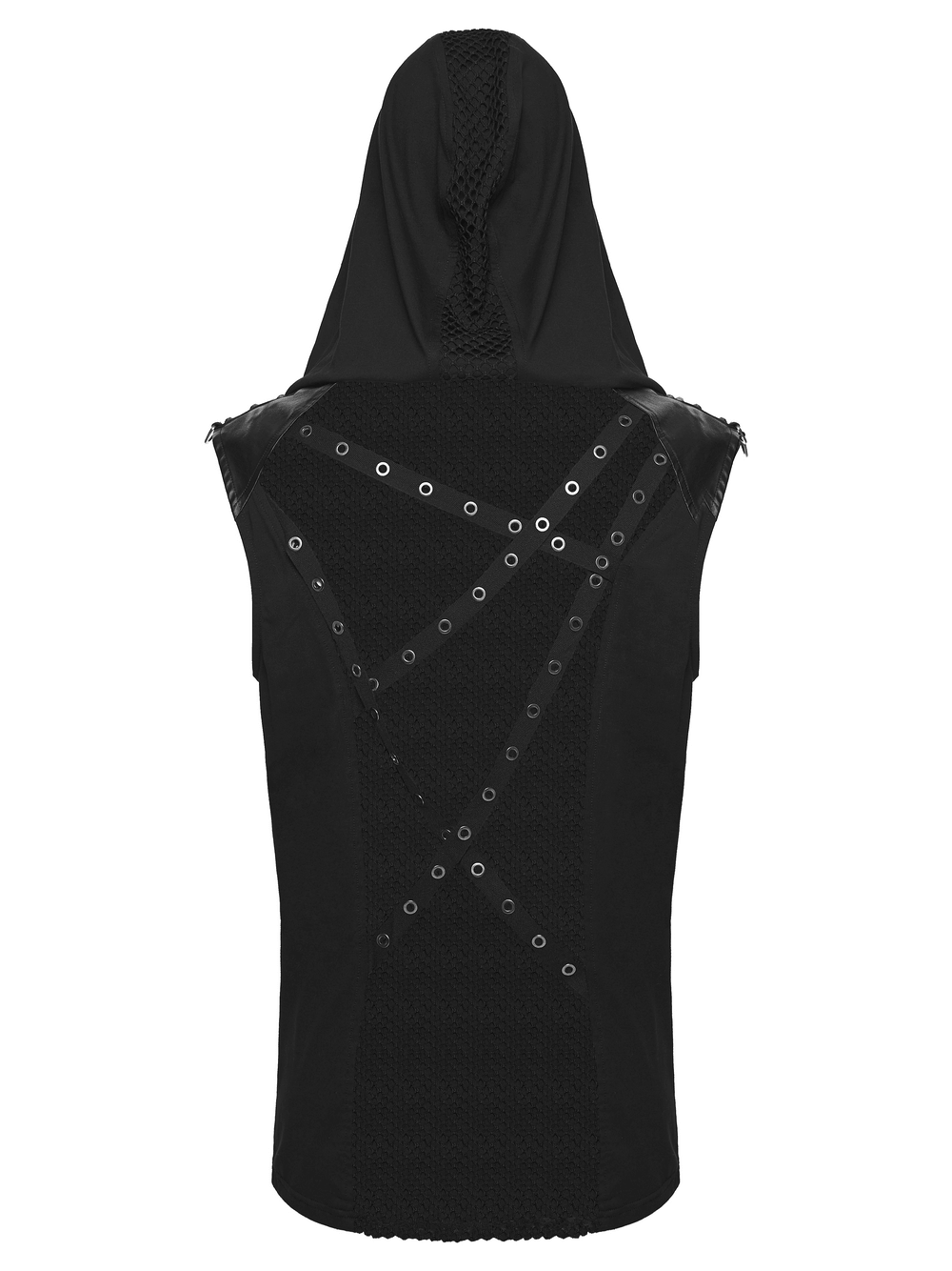 Black Punk Mesh Hooded Top with Skeleton Straps back view showcasing eyelet webbing and hood design.