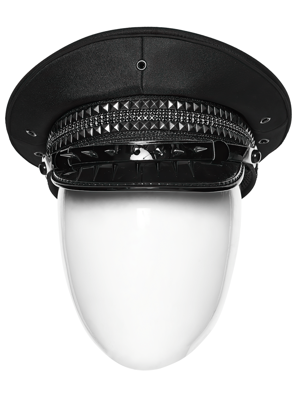 Black Punk Military Cap with Studded Gloss Visor, featuring rivets and mesh detail for a bold alternative look.