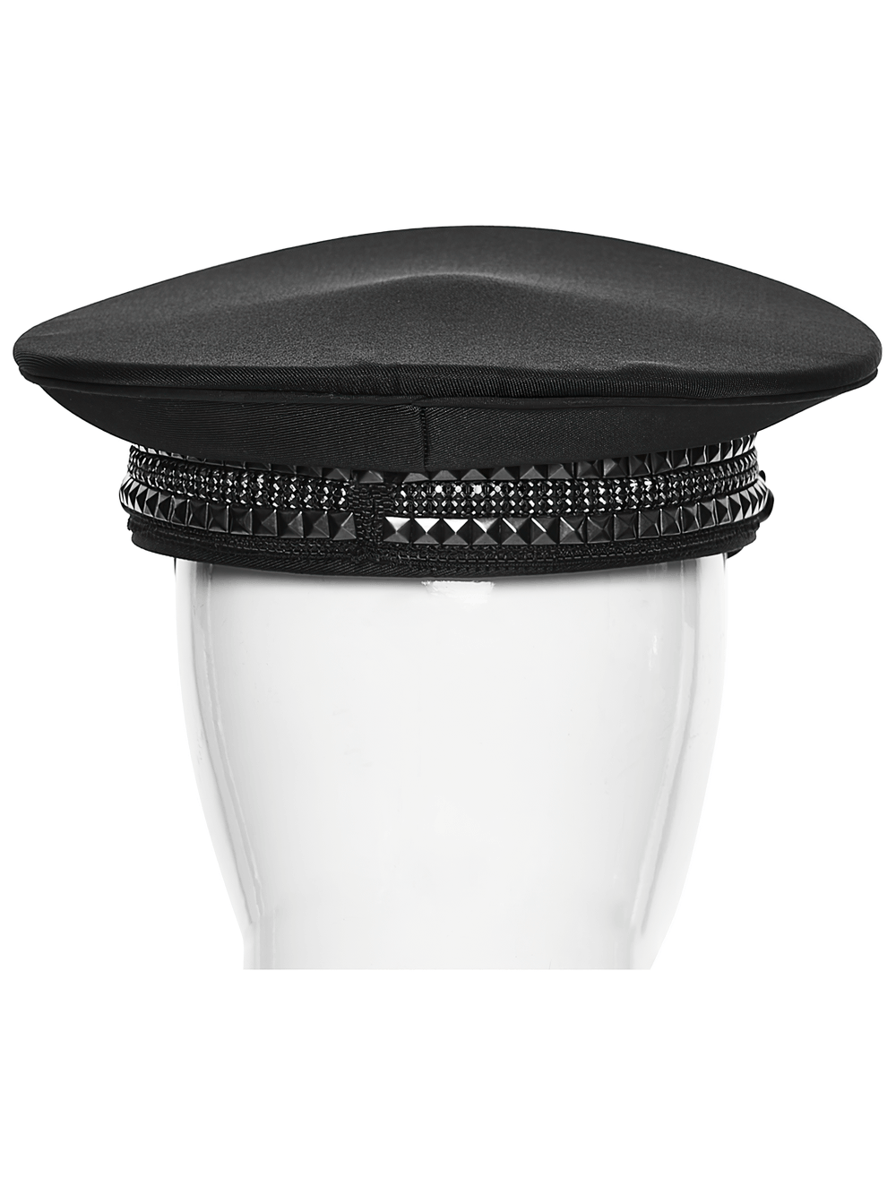 Black Punk Military Cap with Studded Gloss Visor showcasing rivets and mesh detail for a bold look.
