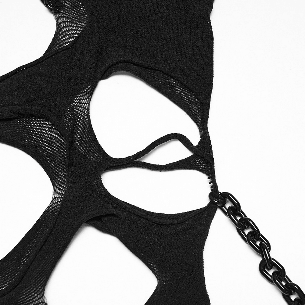 Black Punk Ripped Crop Top with Detachable Chains featuring asymmetric cutouts and removable acrylic chains.