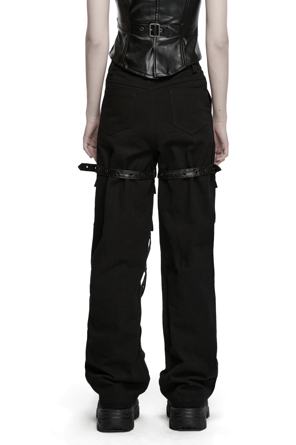 Black Punk Wide-Leg Cargo Pants with Harness Straps showcased from the back, featuring oversized pockets and eyelet straps.