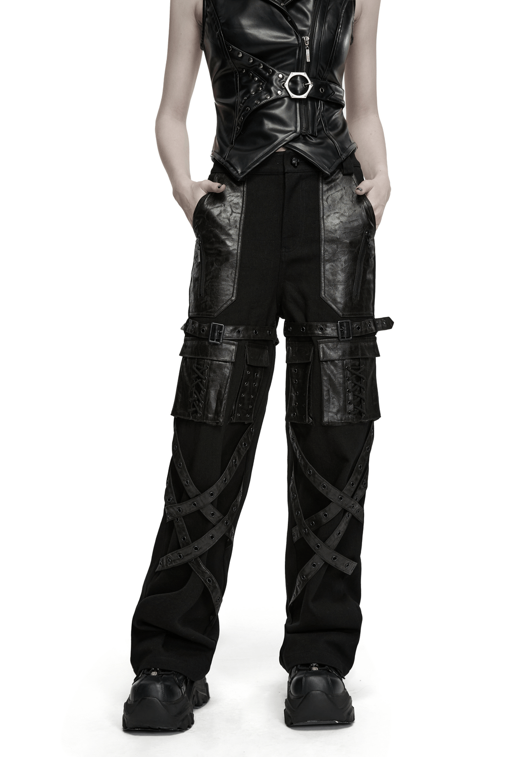 Black Punk Wide-Leg Cargo Pants with Harness Straps showcasing edgy design and utility pockets.