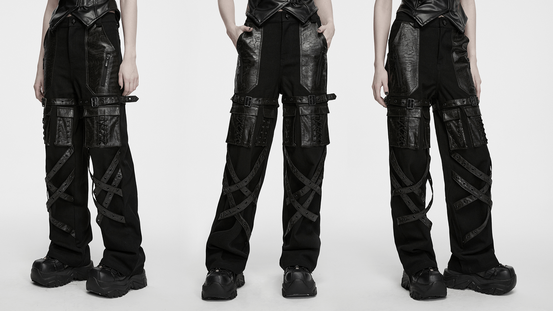 Black Punk Wide-Leg Cargo Pants with Harness Straps showcasing utility pockets and edgy design details.
