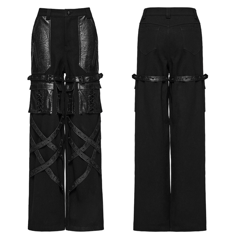 Black Punk Wide-Leg Cargo Pants with Harness Straps showcasing oversized pockets and eyelet details.