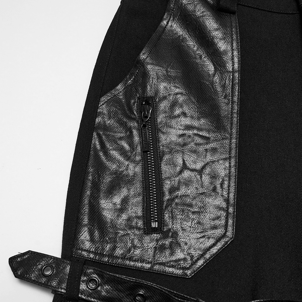 Black Punk Wide-Leg Cargo Pants with Harness Straps detail showing textural pockets and harness design.