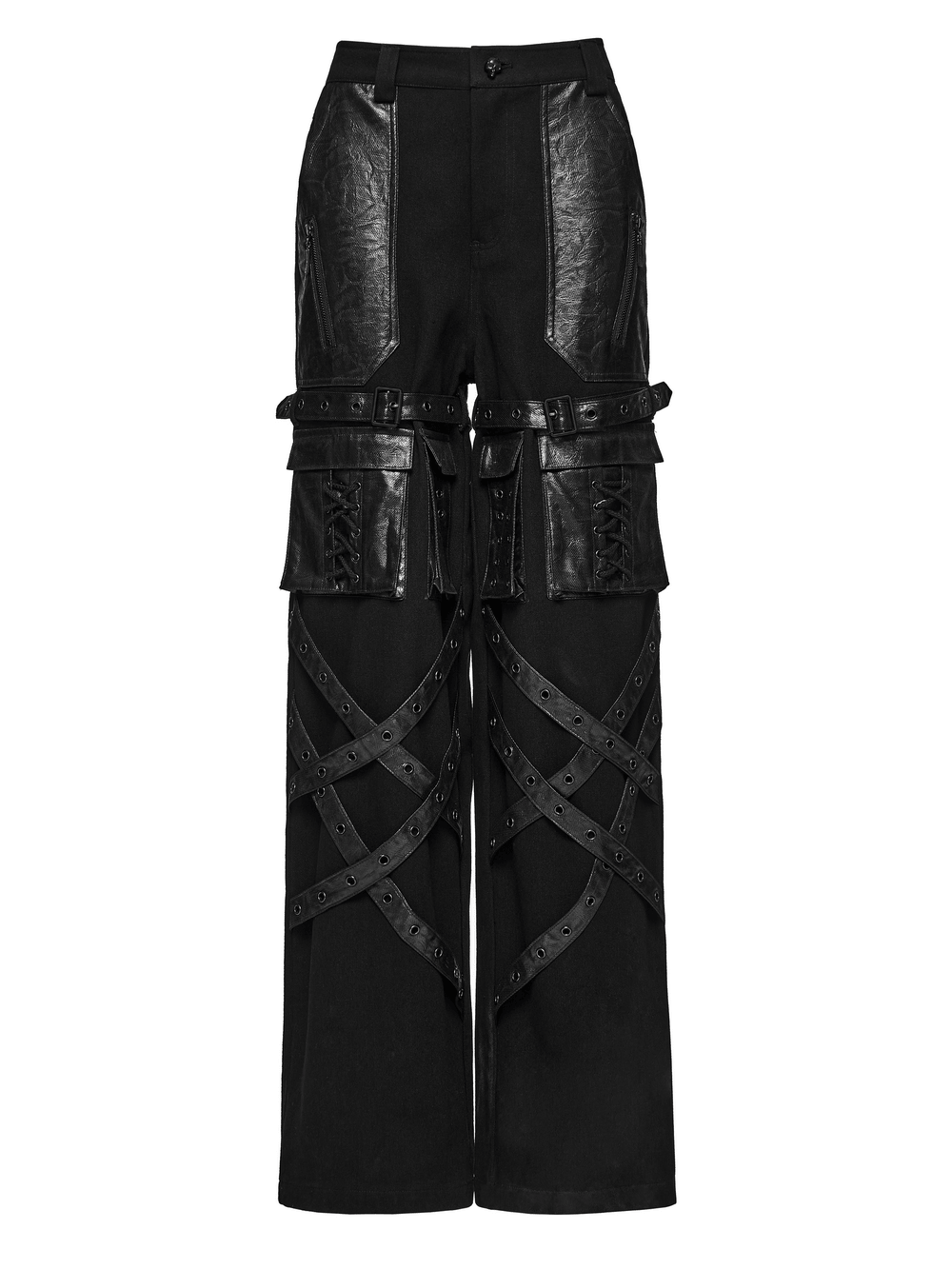 Black Punk Wide-Leg Cargo Pants with Harness Straps featuring oversized pockets and lacing details.