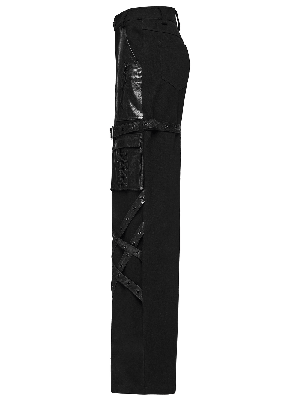 Black Punk Wide-Leg Cargo Pants with Harness Straps showcasing eyelet details and oversized pockets.
