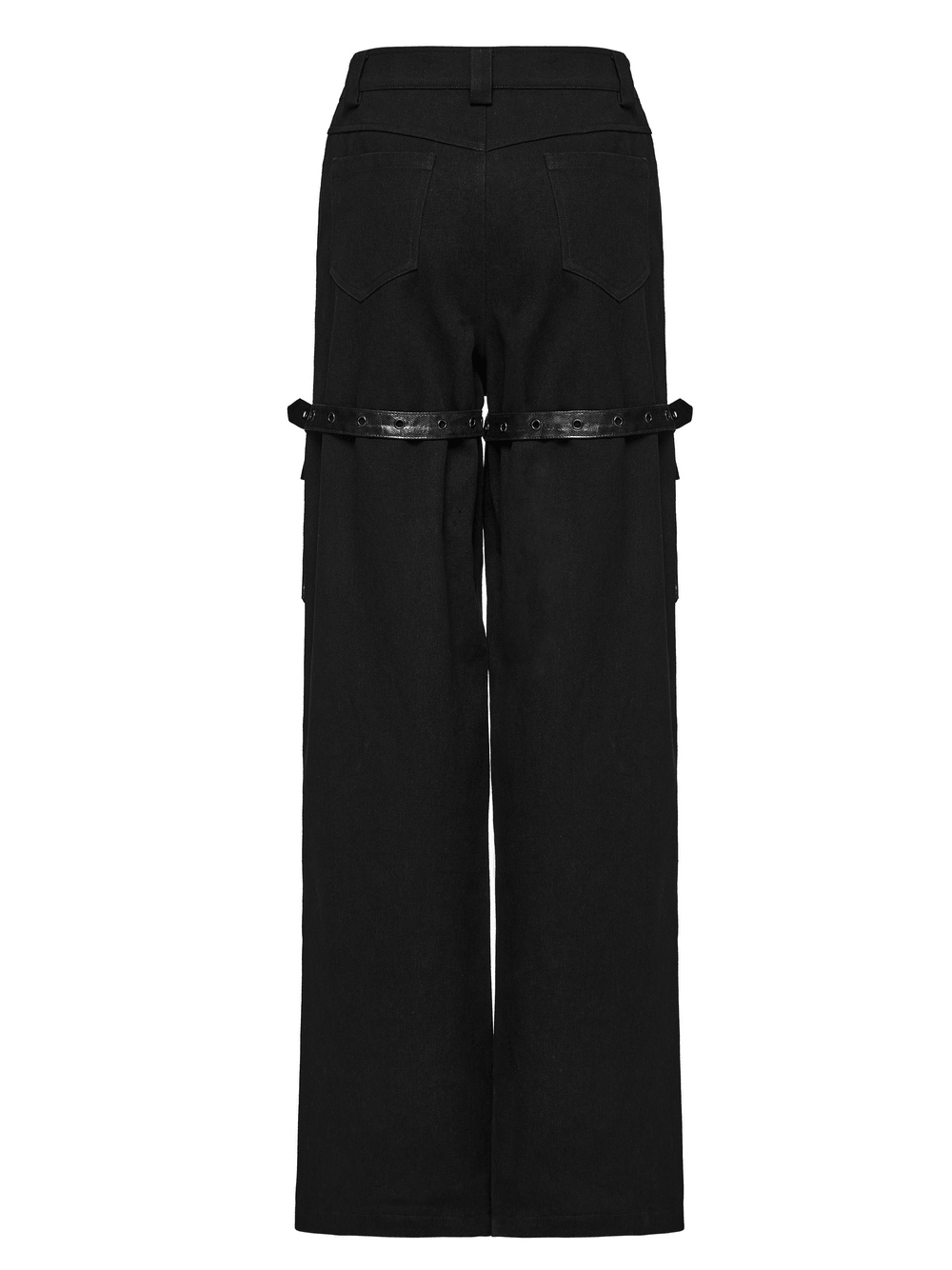 Black Punk Wide-Leg Cargo Pants with Harness Straps showcasing oversized pockets and drawstring details.