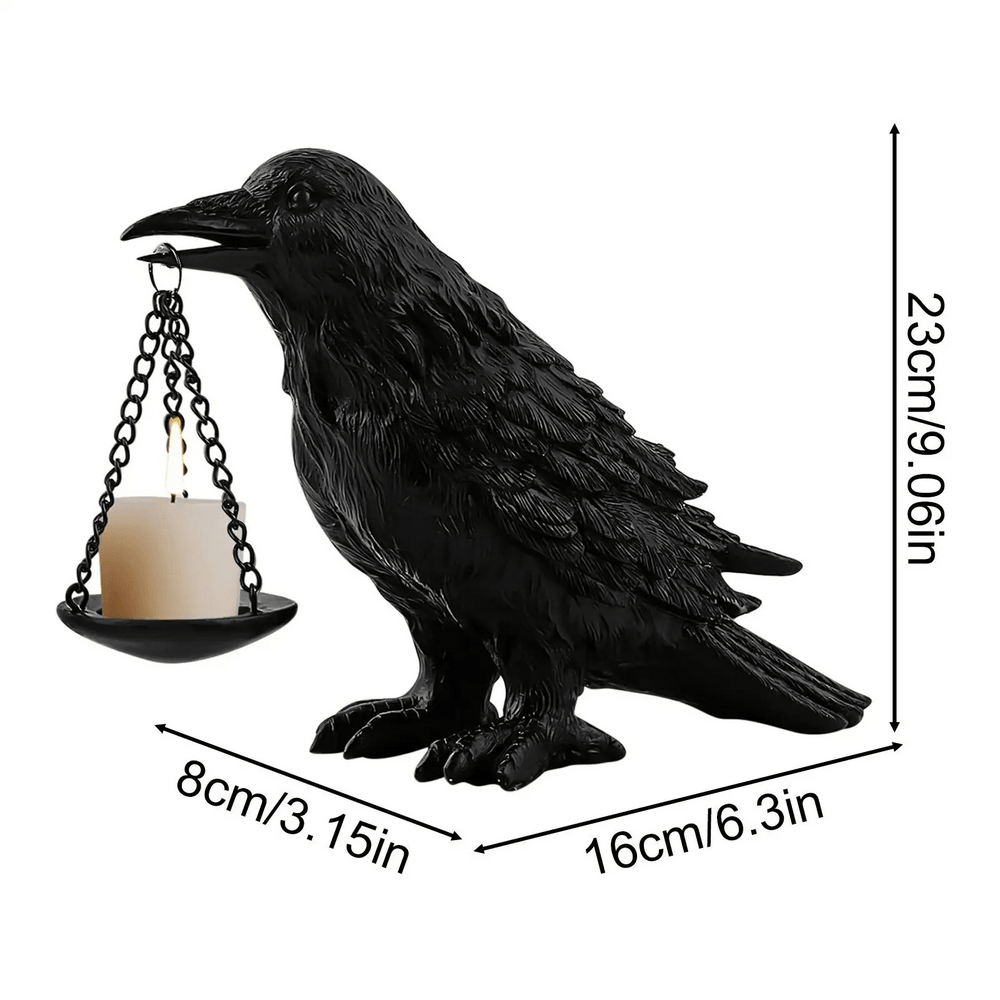 Black Raven Tea Light Holder for Gothic Decor featuring a crow with a candle tray in its beak, perfect for dark home accents.