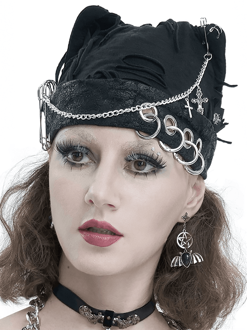 Schwarze, zerrissene Punk-Hüte mit Metallnadeln und Kette / niedliche Gothic-Katzenohren-Hüte