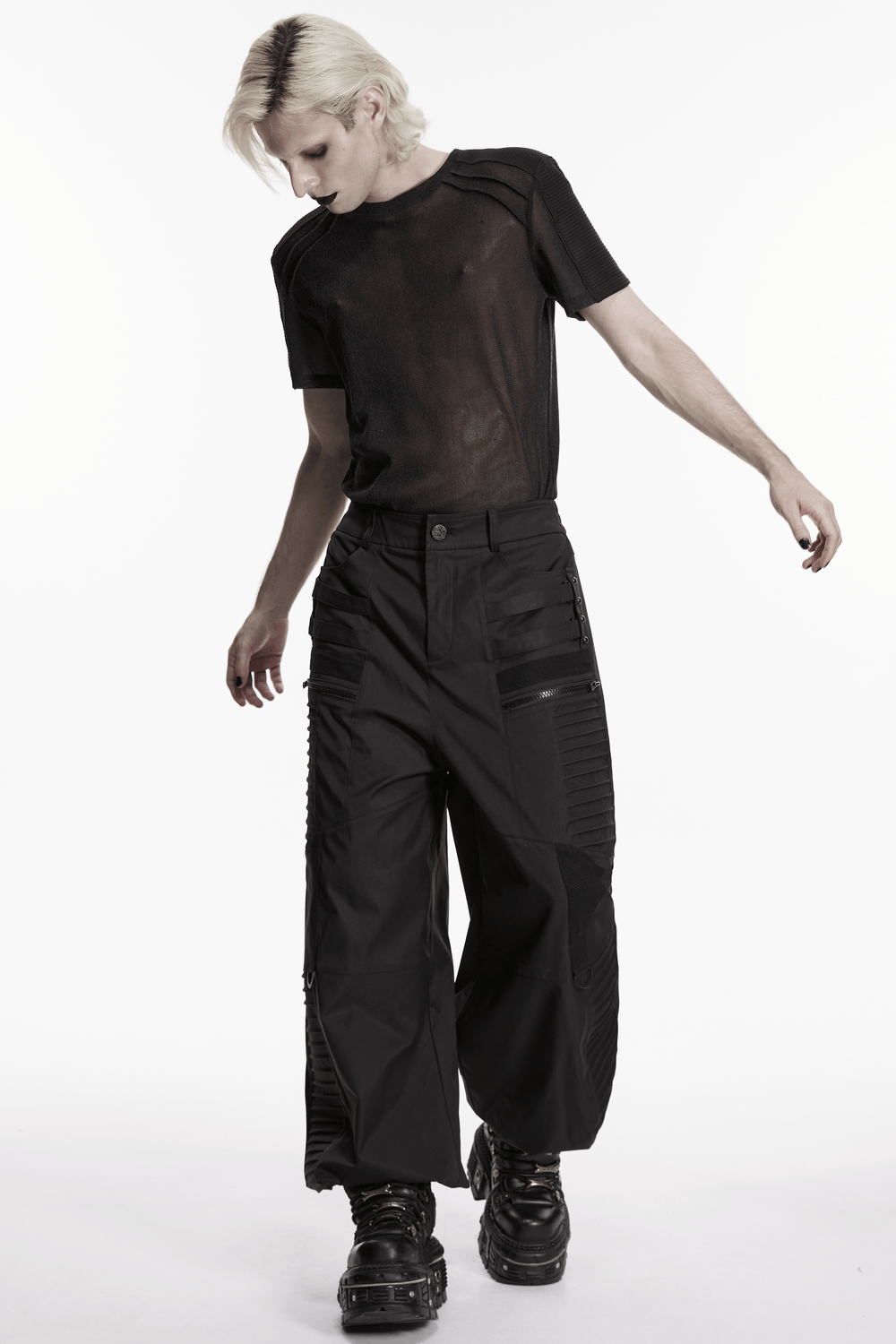 Black Sheer Mesh Punk T-shirt with Shoulder Panels worn with stylish black cargo pants.