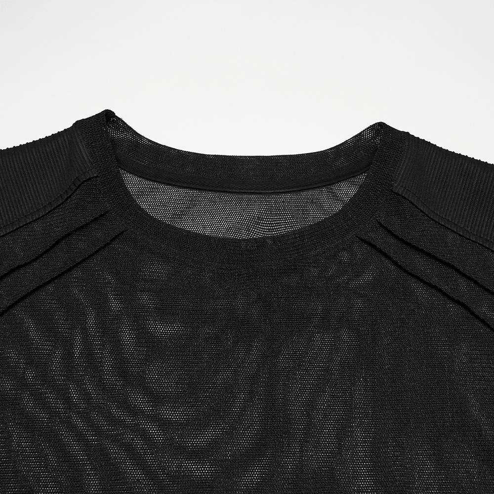 Black Sheer Mesh Punk T-shirt with Shoulder Panels showcasing ribbed detail and semi-transparent fabric.