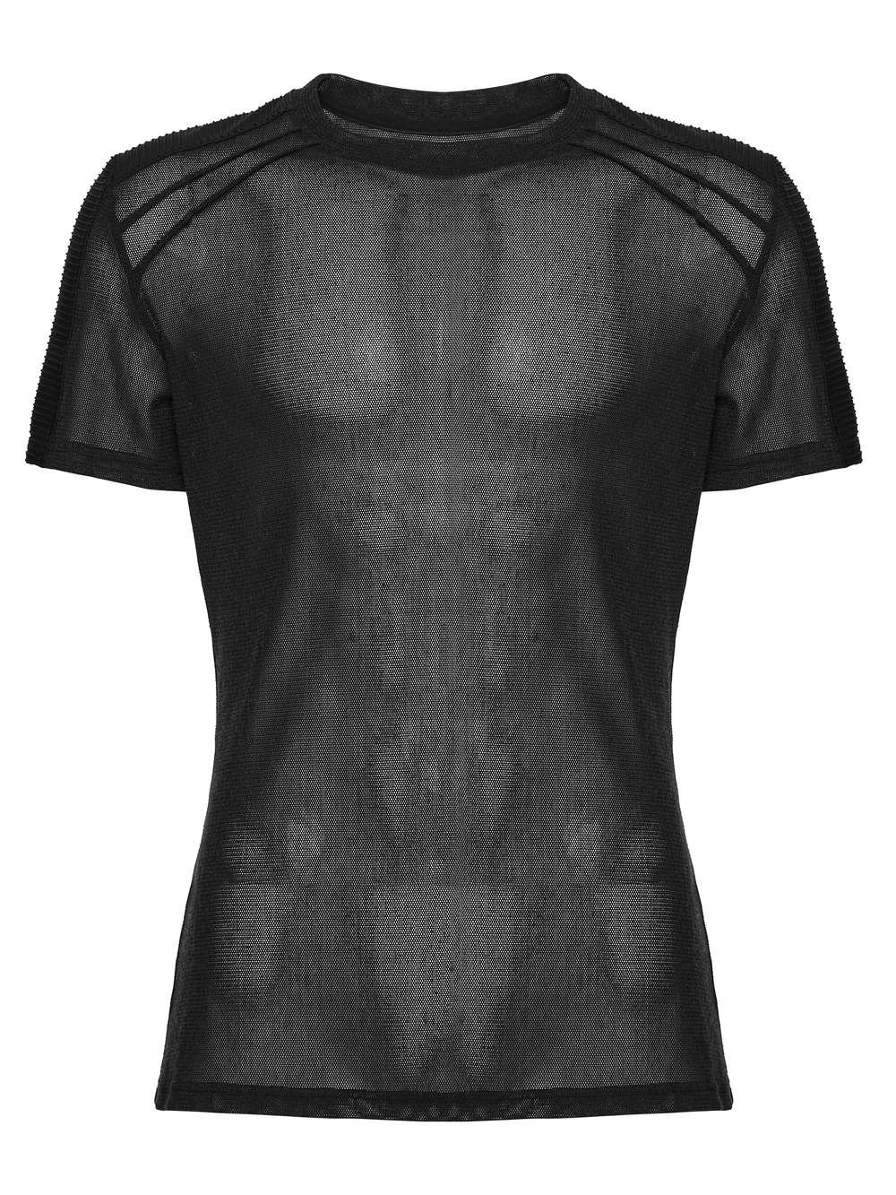 Black Sheer Mesh Punk T-shirt with Shoulder Panels front view, showcasing ribbed shoulder detail and slim silhouette.
