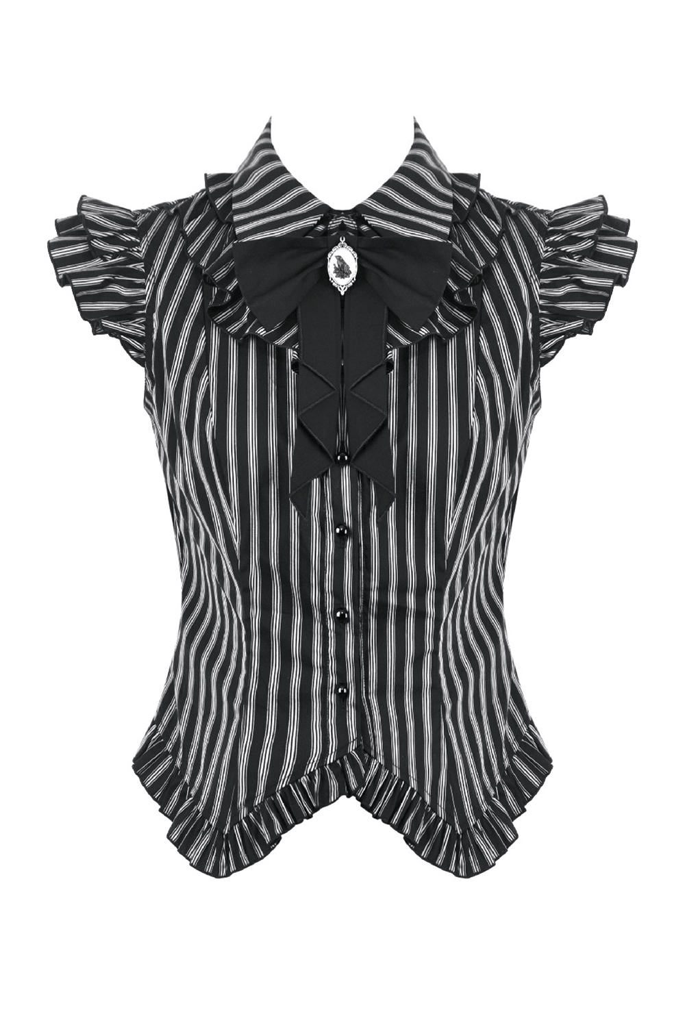 Black Striped Gothic Blouse with Ruffle Sleeves featuring pointed collar, bow tie, and cameo brooch.
