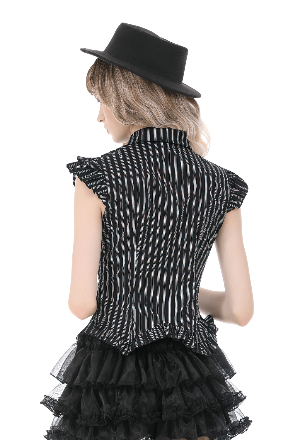 Black Striped Gothic Blouse with Ruffle Sleeves showcased from the back, featuring ruffle sleeves and vertical stripes.